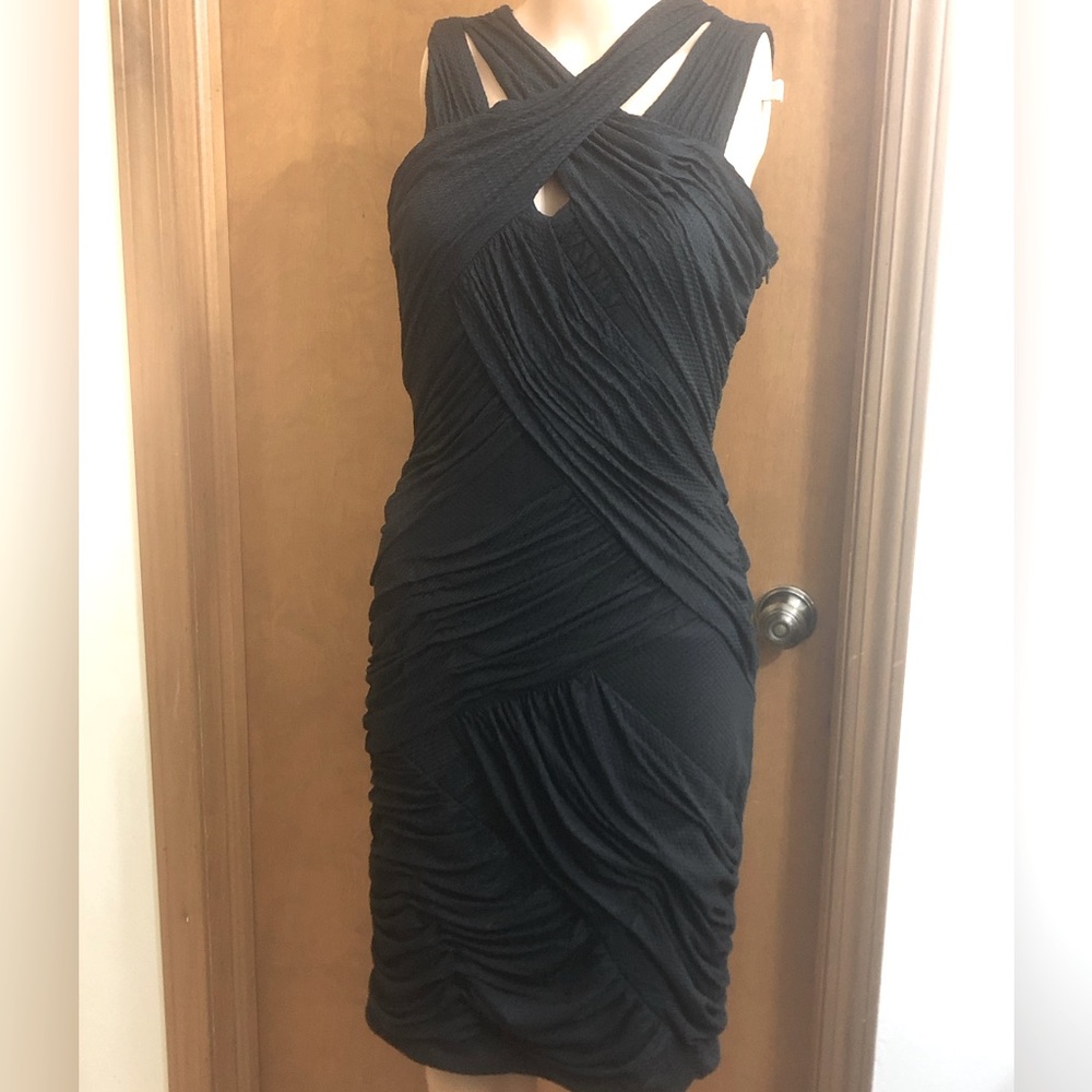 H80: Best little black dress of all time - Cynthia Steffe designer- ruched swirl
